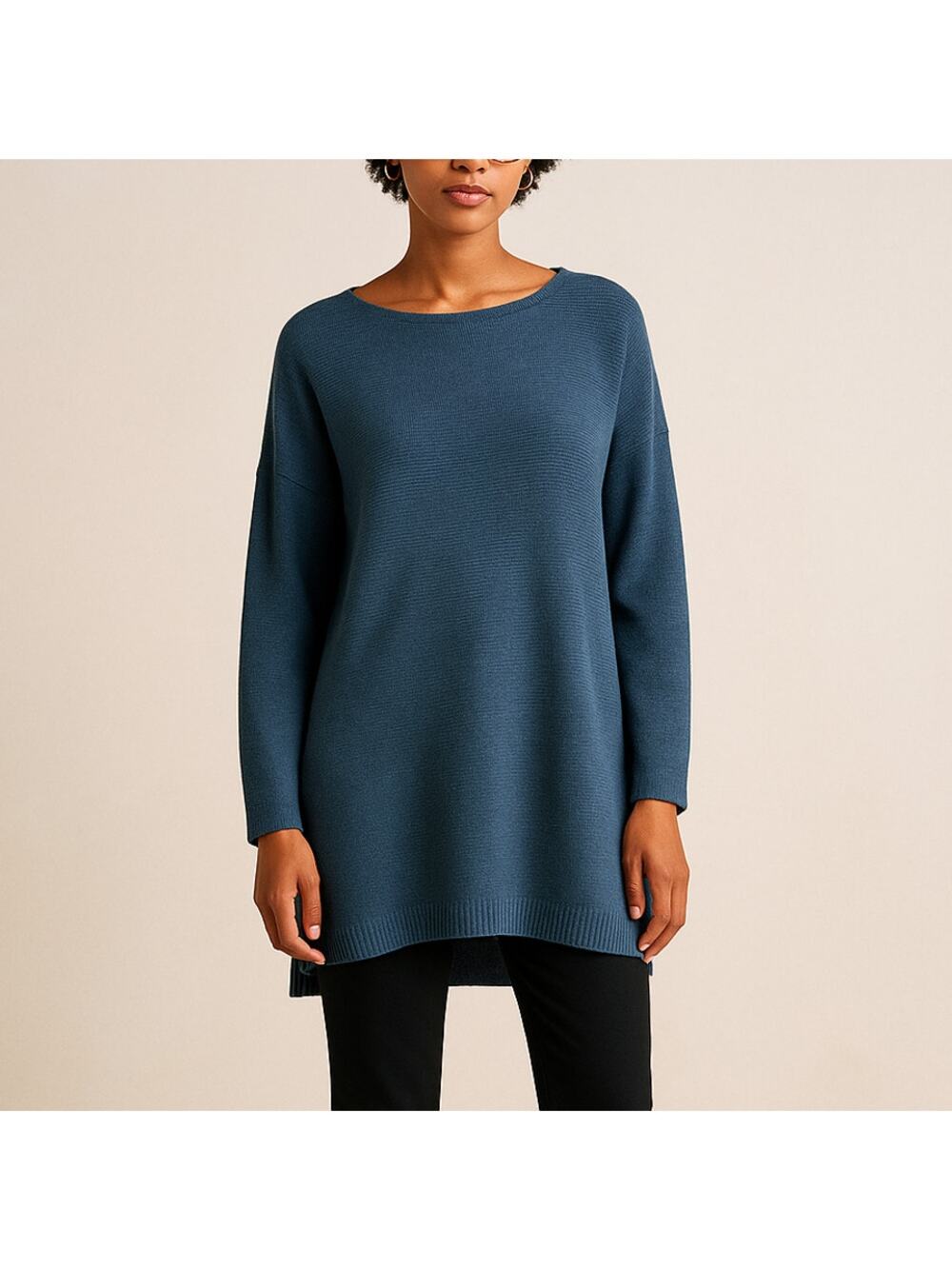 Eileen Fisher S Silk & Cotton Tunic Sweater $228 Knit Long Sleeve Peacock Blue
